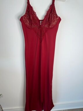 Red Lace-Trim Long Slip Chemise